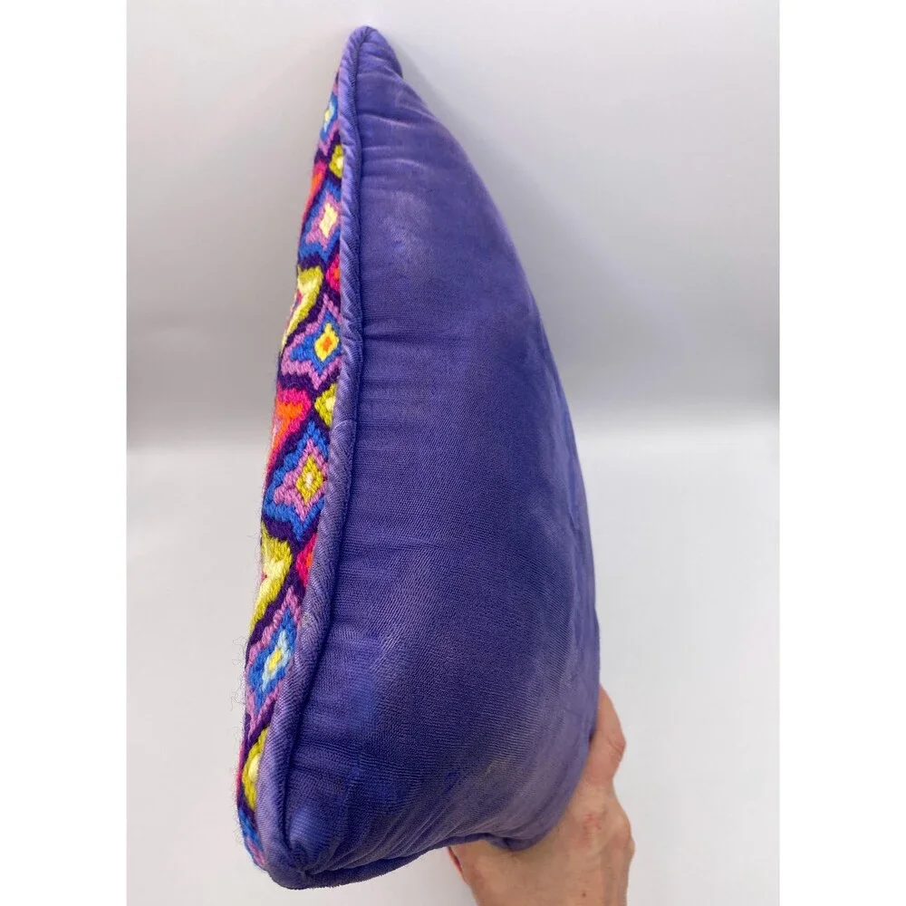 Bargello Needlepoint Pillow Vintage Groovy Throw Pillow w Purple Velvet Backside